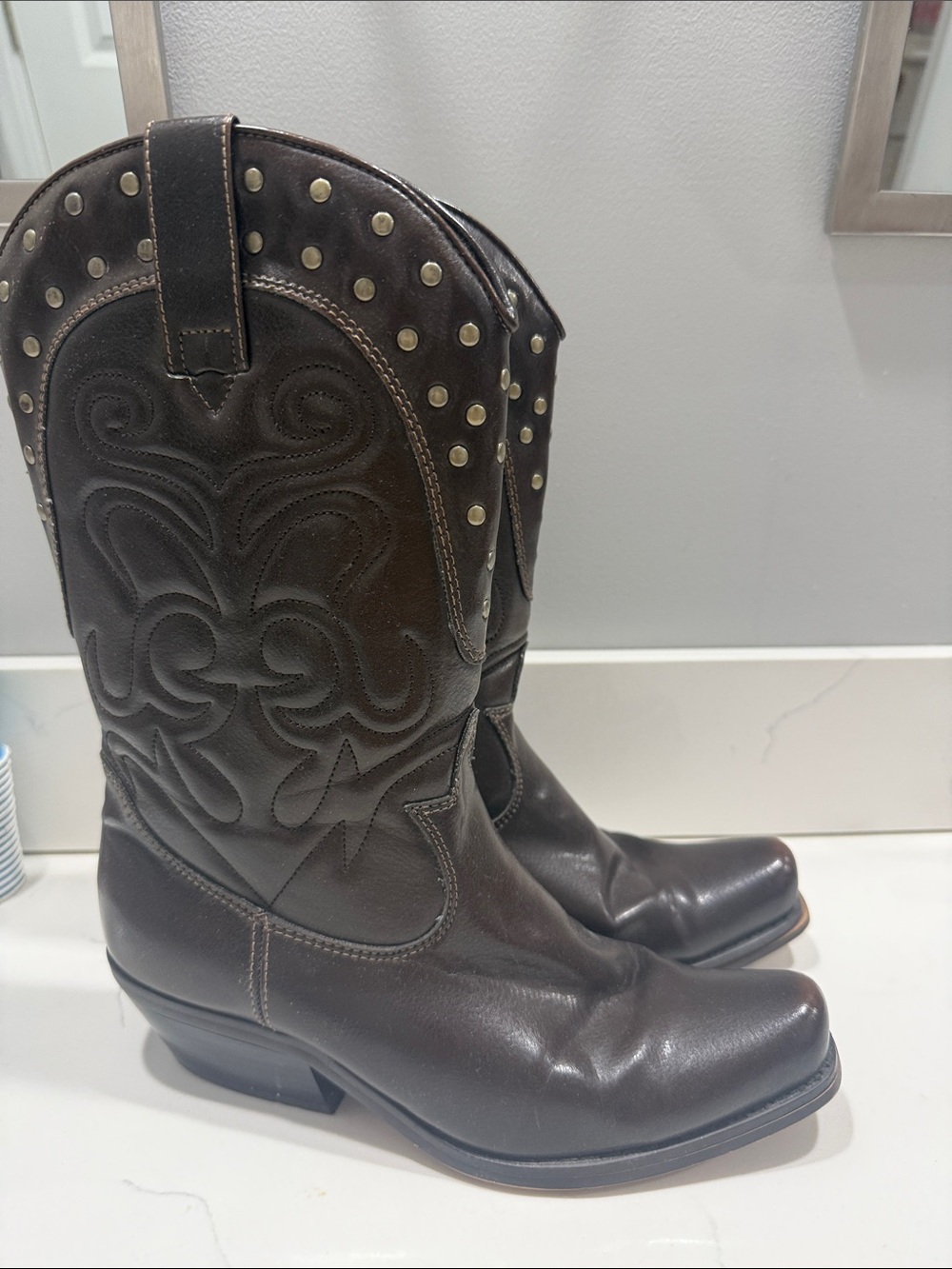 Studded Dark Brown Leather Western Boots